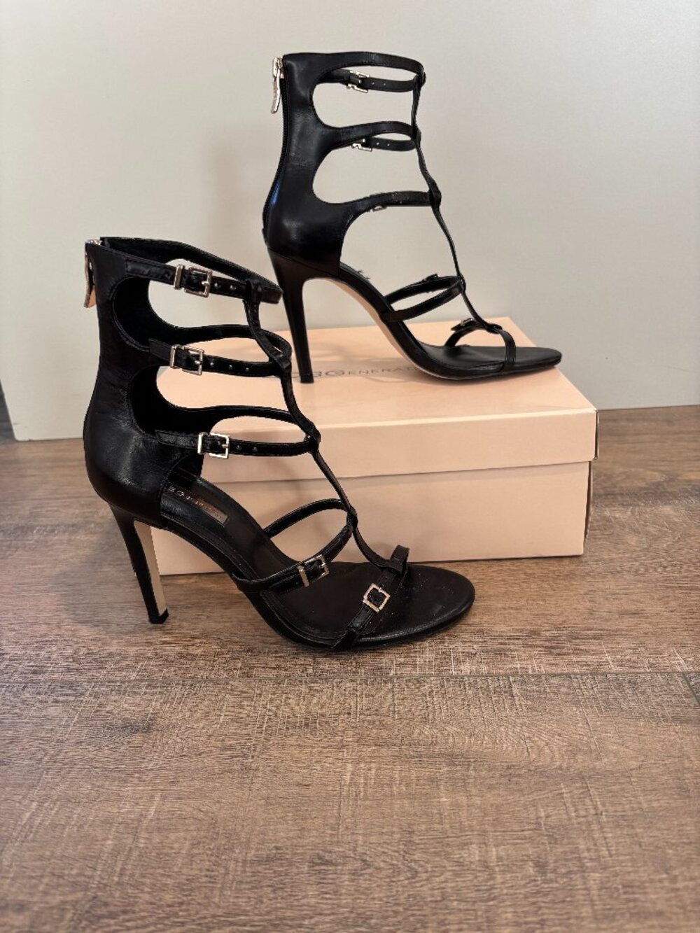 BCBGeneration Black Strappy Heels with Zipper Closure, sz 7.5, Good Condition!